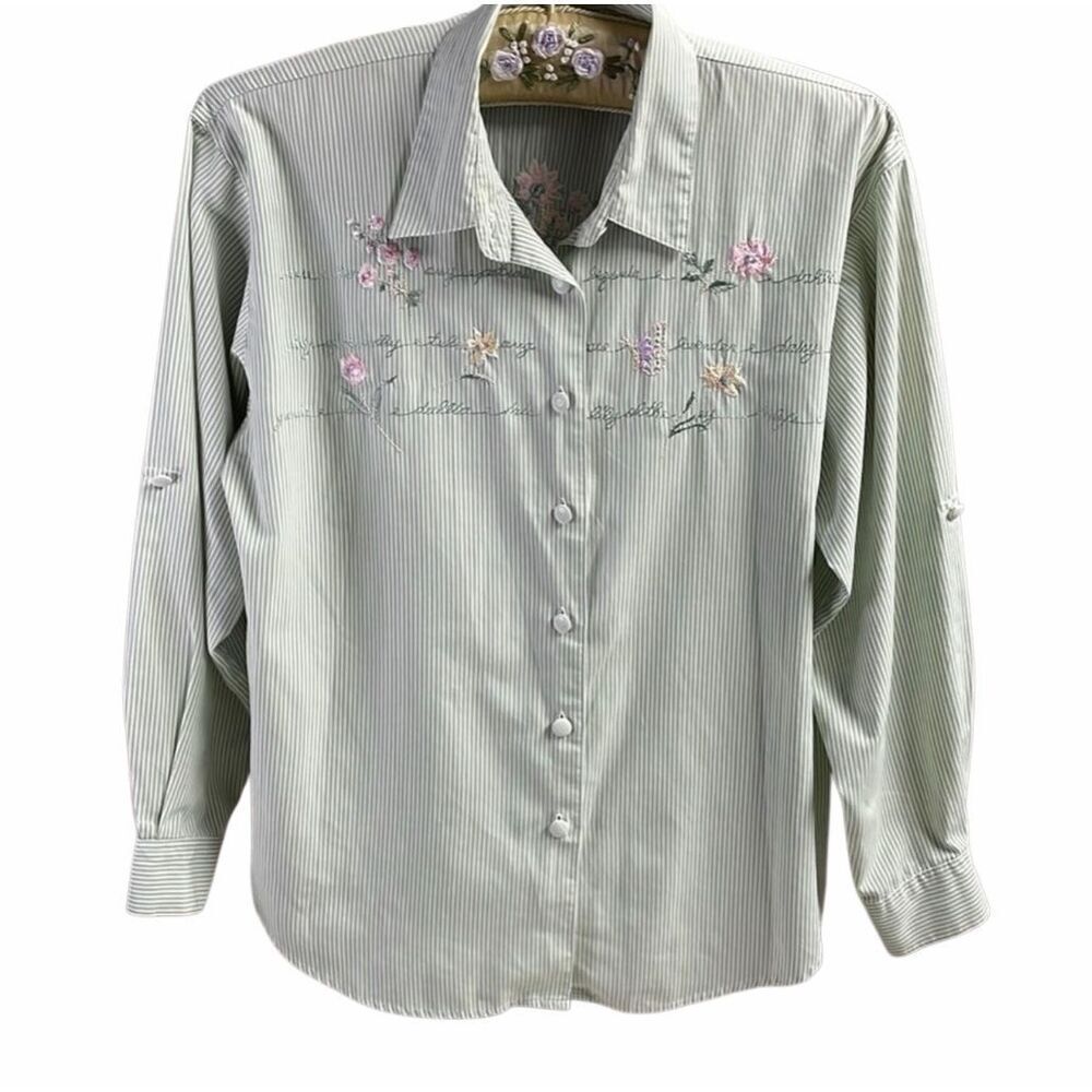 Napa Valley Petites Embroidered Floral Stripe Button Front Blouse Cottagecore